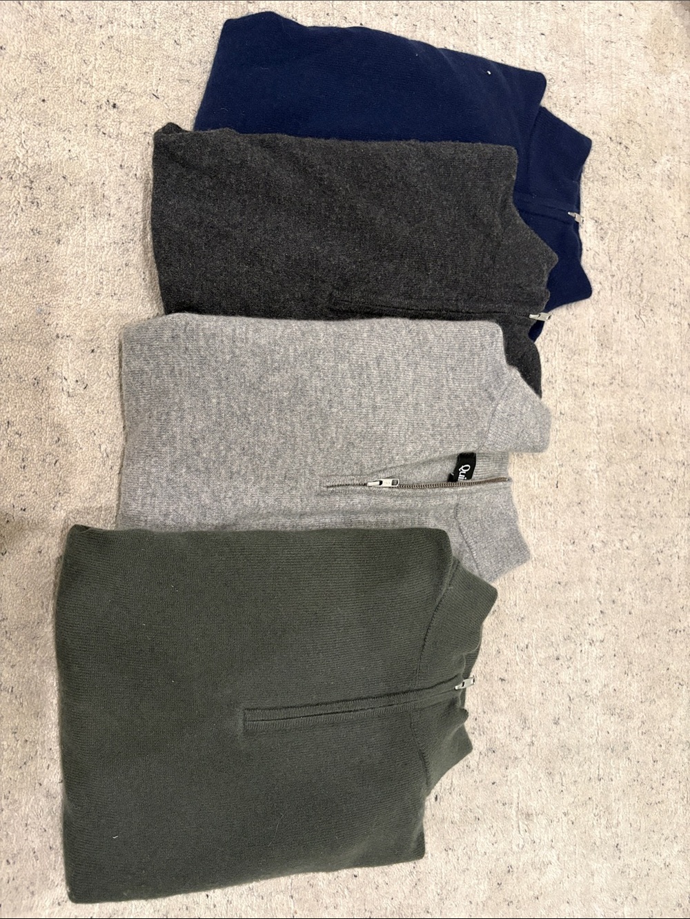 Lot of 4 Quince Cashmere Quarter-Zip Sweaters - Olive, Gray, Charcoal, Navy - L